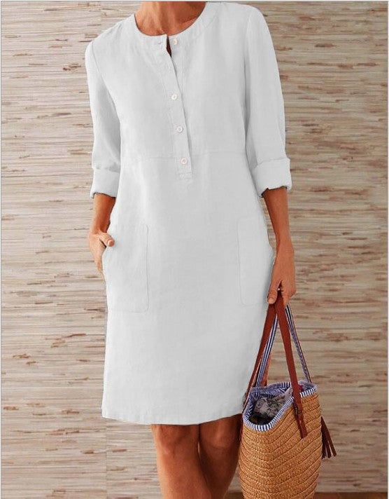 Pocket-Front Casual Linen Henley Midi Dress