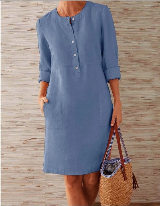 Pocket-Front Casual Linen Henley Midi Dress