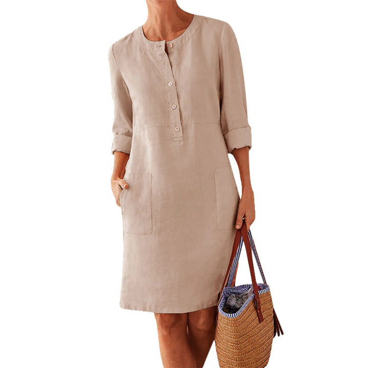 Pocket-Front Casual Linen Henley Midi Dress