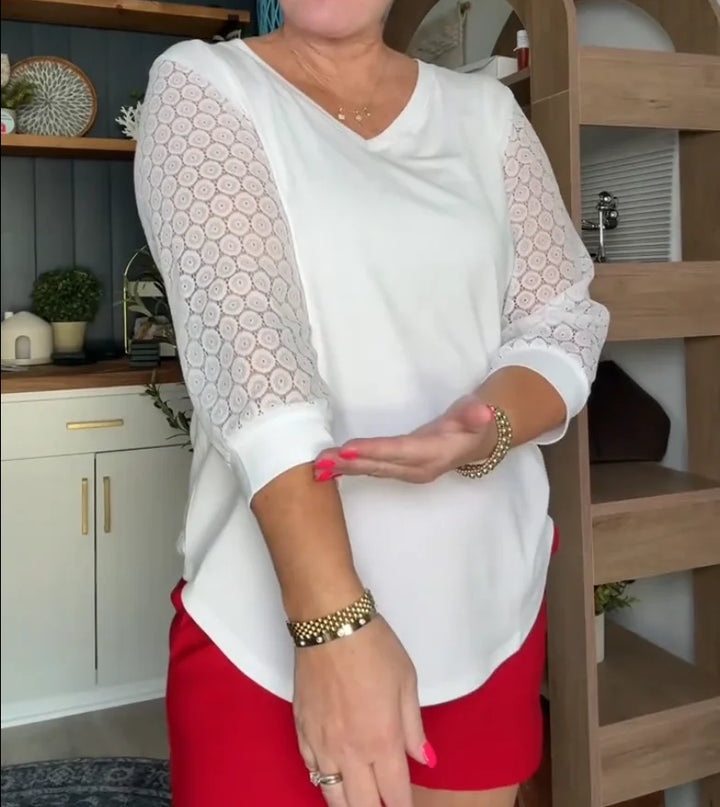 Lace-Sleeve Casual V-Neck Blouse