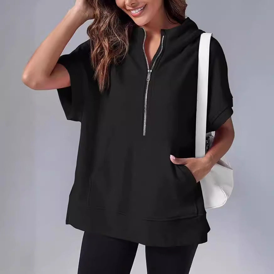 Short-Sleeve Quarter-Zip Hooded Pullover