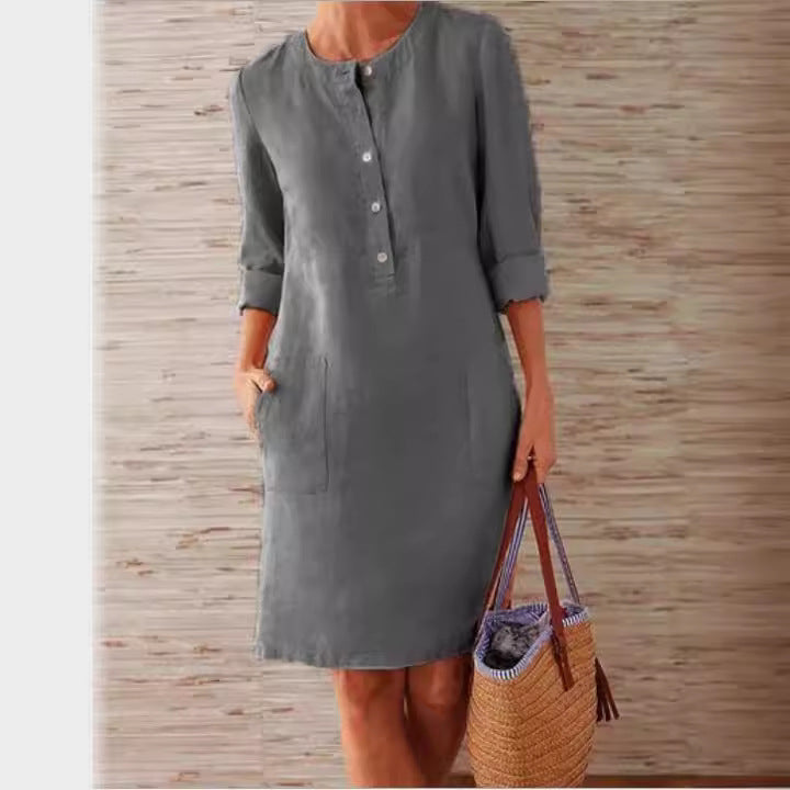 Pocket-Front Casual Linen Henley Midi Dress
