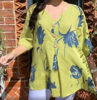 Floral Print Boho Linen Button Blouse