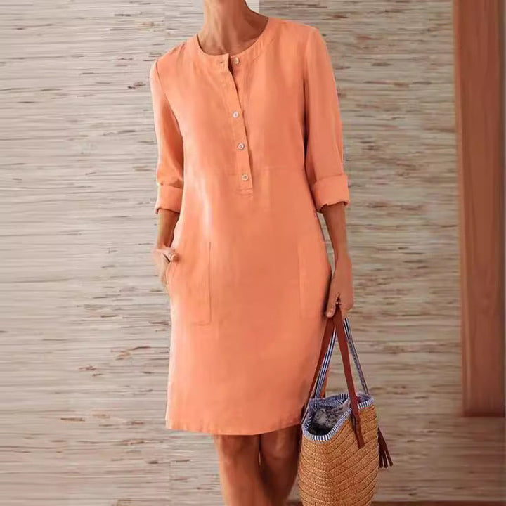 Pocket-Front Casual Linen Henley Midi Dress