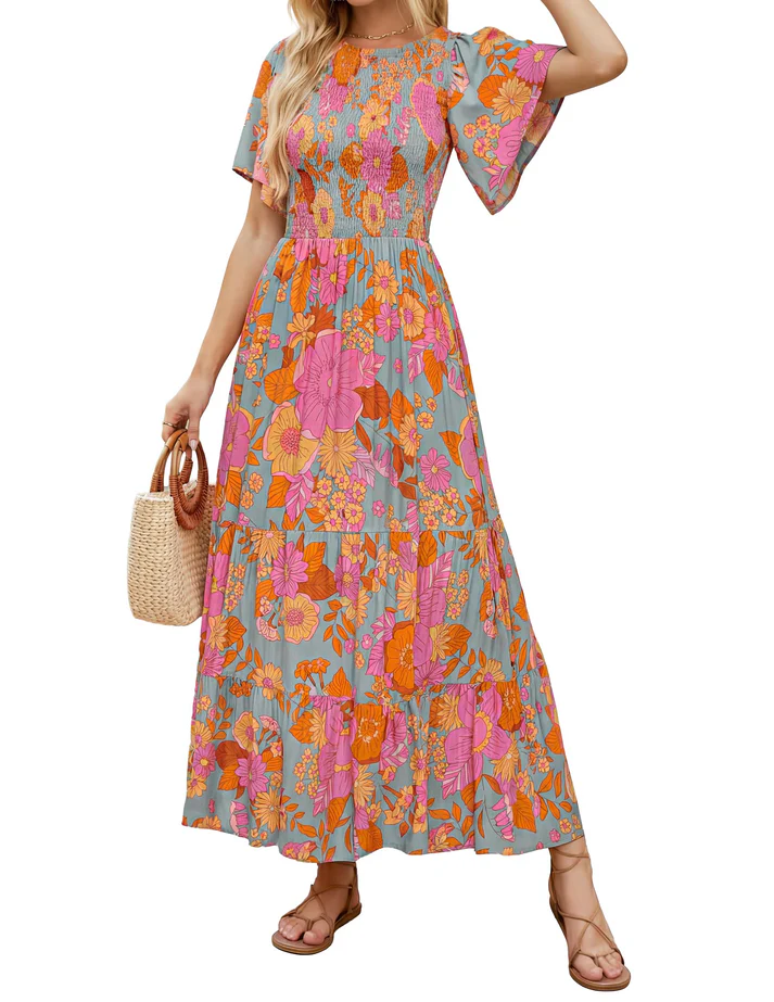 Elegant Floral Print V-Neck Maxi Dress