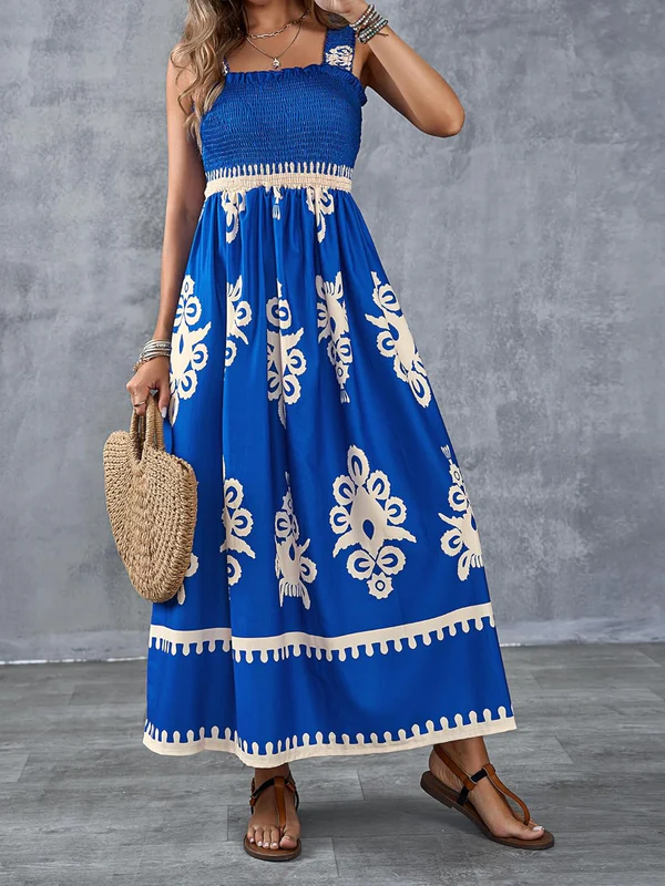 Artistic Geometric Print Smocked Maxi Dress