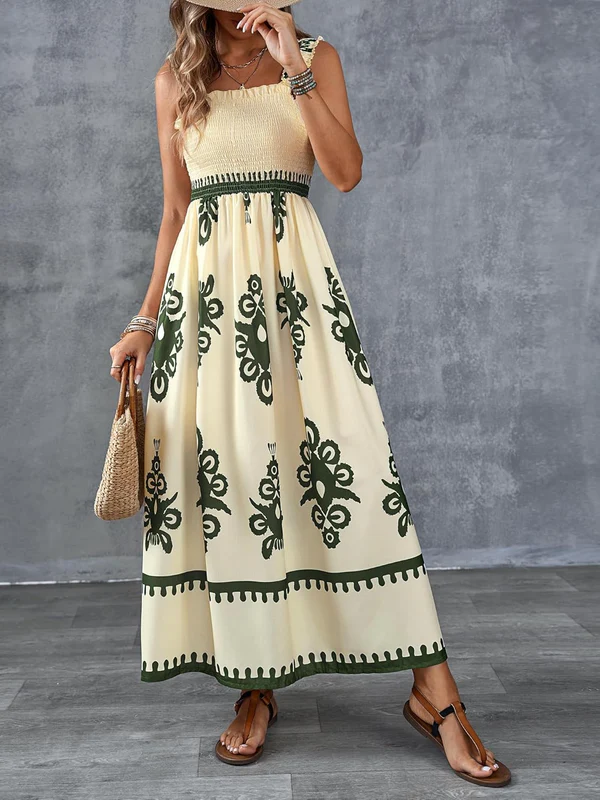 Artistic Geometric Print Smocked Maxi Dress