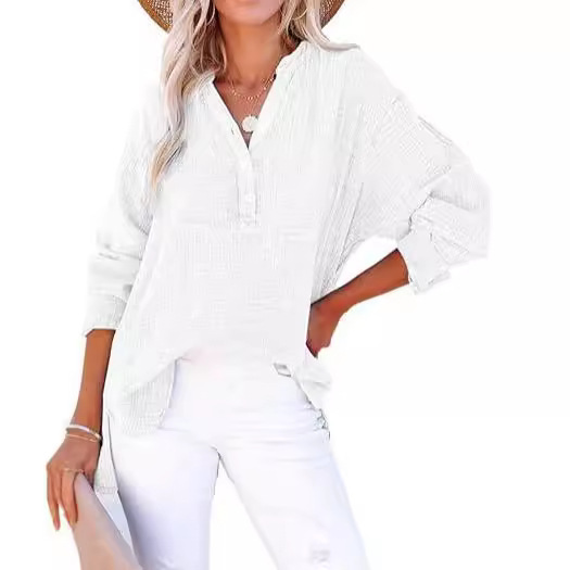 Casual Button-Down Textured Long-Sleeve Blouse