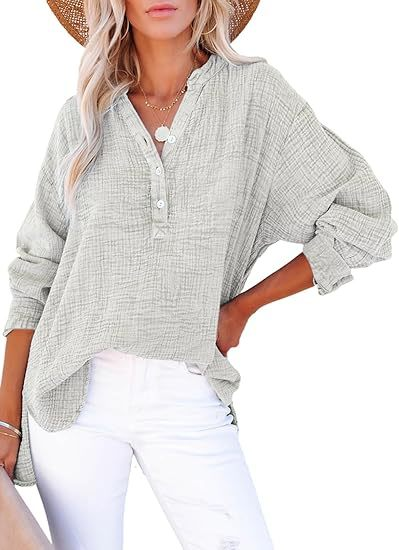 Casual Button-Down Textured Long-Sleeve Blouse