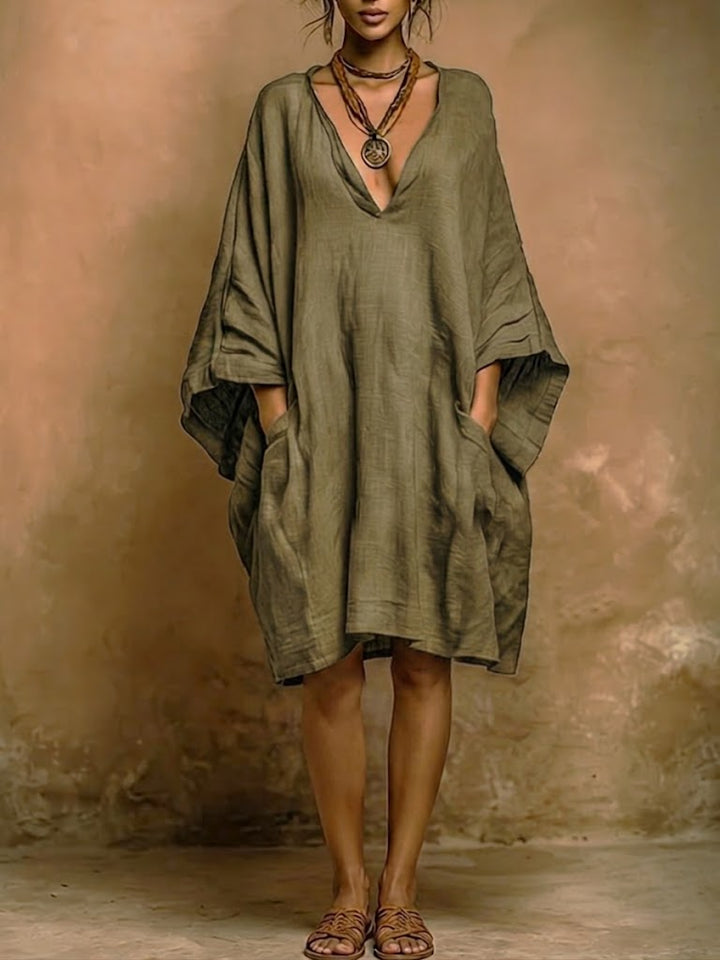 Batwing Sleeve Boho Linen V-Neck Dress