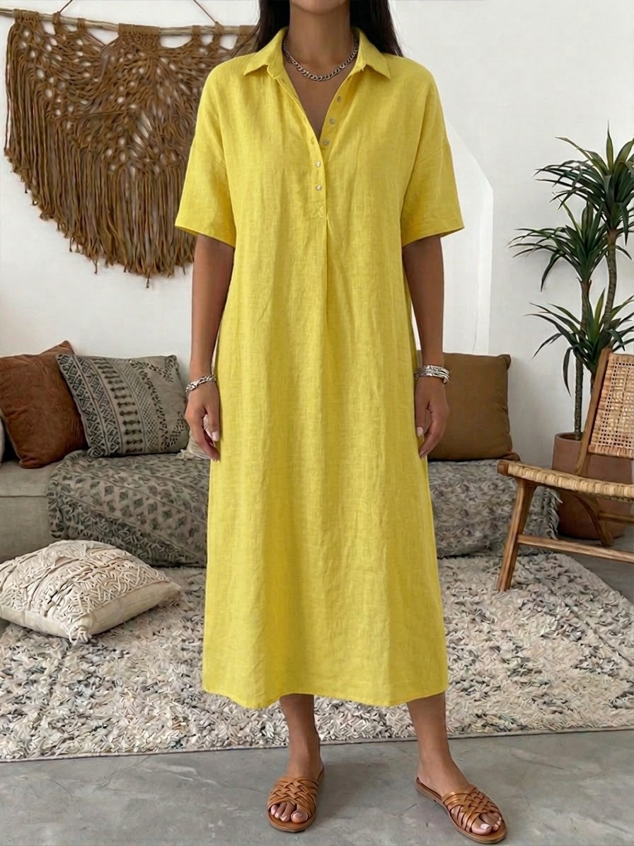 Polo Collar Casual Linen Maxi Dress