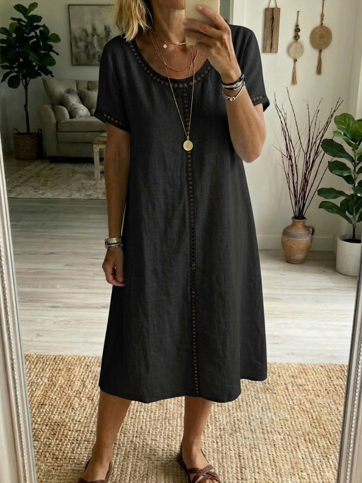 Eyelet-Trim Casual Linen Midi Dress