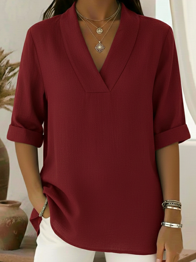 V-Neck Elegant Rolled-Sleeve Chiffon Blouse