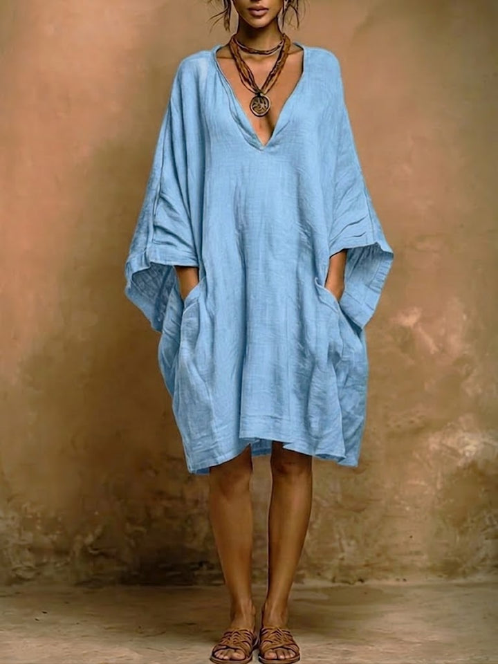 Batwing Sleeve Boho Linen V-Neck Dress