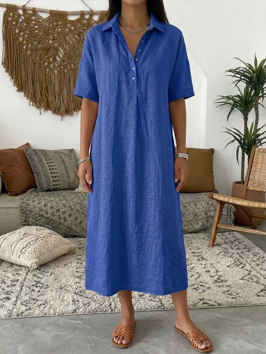 Polo Collar Casual Linen Maxi Dress