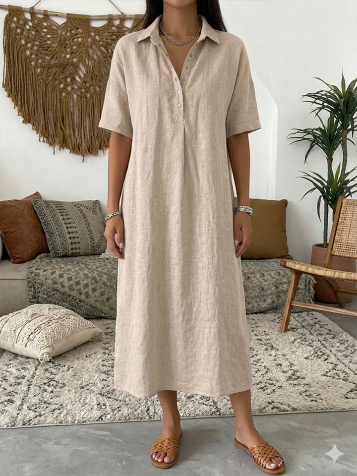 Polo Collar Casual Linen Maxi Dress