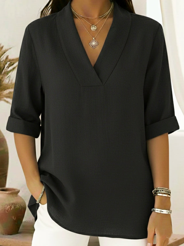 V-Neck Elegant Rolled-Sleeve Chiffon Blouse