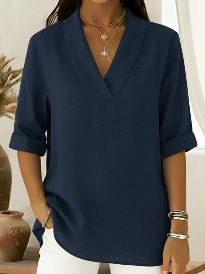 V-Neck Elegant Rolled-Sleeve Chiffon Blouse